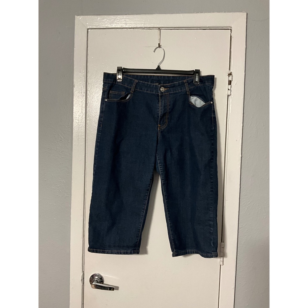 Dark Wash Denim Capri Cropped Jeans Plus Size 18W Stretch Embroidered Pockets‎